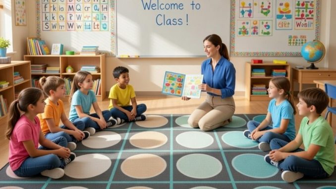 teacher and students in an elementary school classroom