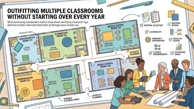 Outfitting Multiple Classrooms Without Starting Over Every Year What purchasing coordinators need to know about specifying classroom rugs, and how to build a floor plan that holds up through years of daily use.
